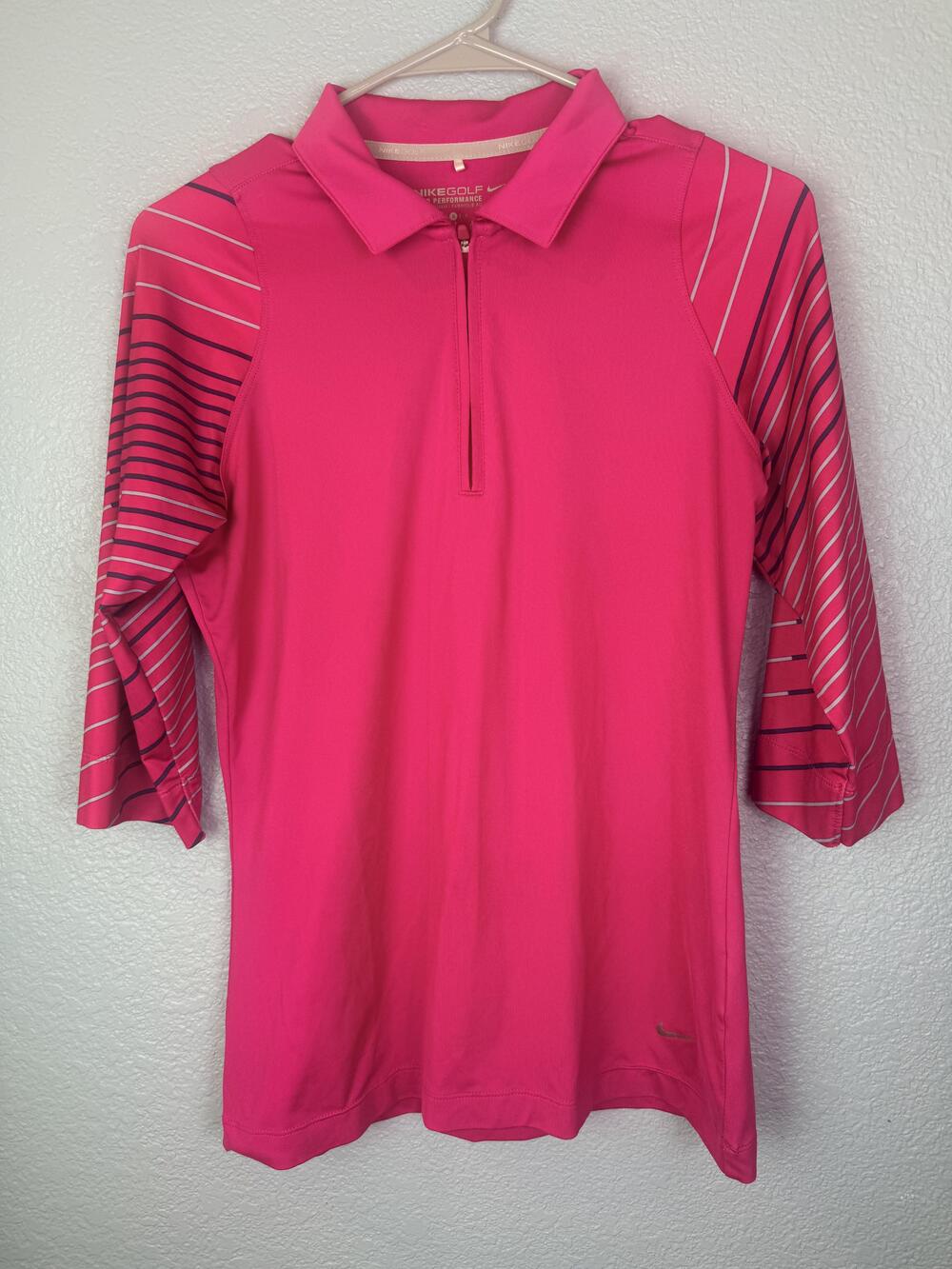 Nike Golf Polo Shirt Womens Small Pink Striped 1/4 Zip 3/4 Sleeve Dri-FIT Golf